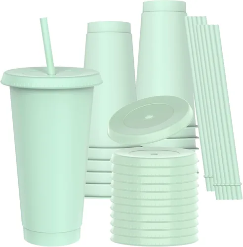 Vista 12 de Vasos de plástico de 24 onzas con tapas y pitillos, tazas de café helado resistentes y seguras para alimentos con tapa, vaso de plástico Negro