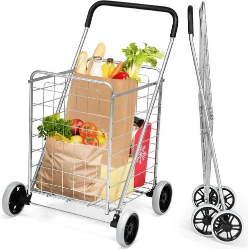 Vista 10 de Goplus Carrito de compras para comestibles, carrito de compras resistente plegable con ruedas, carrito de comestibles portátil colapsable, carrito