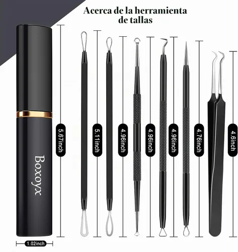 Vista 6 de Boxoyx Kit de herramientas para reventar espinillas, kit de herramientas extractoras de comedones de 6 piezas con estuche de metal para eliminar