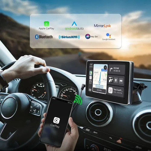 Vista 3 de Pantalla portátil de 7 pulgadas para Apple Carplay y Android Auto para coche, Apple CarPlay Dash Mount Pantalla de coche