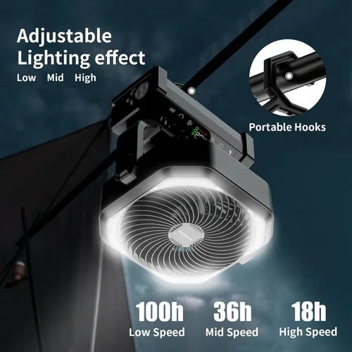 Vista 3 de Socool Ventilador de campamento con luz, ventilador de batería recargable de 20000 mAh, tiempo máximo de funcionamiento de 112 horas, 9 velocidades