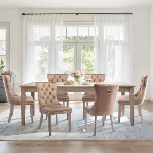 Vista 127 de Juego de 2 sillas de comedor de terciopelo con patas de madera, color beige Mid Century Modern Dining Chairs,Upholstered Chairs with Nailhead