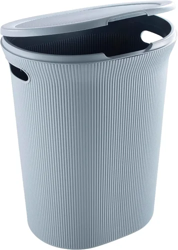 Vista 2 de Superio Colección acanalada - Cesto decorativo de plástico para ropa sucia con tapa y asas recortadas, azul (1 paquete) Organizador de cesta
