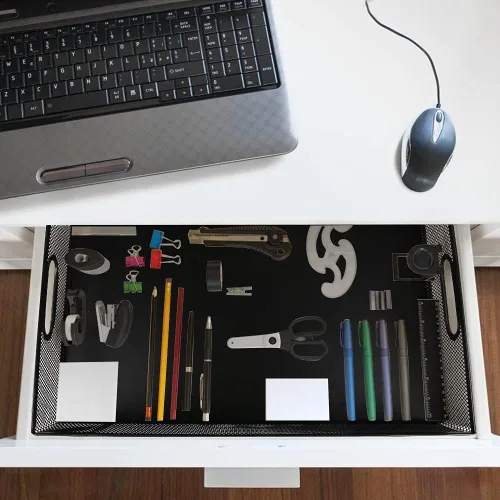 Vista 2 de Organizador de cajones de escritorio, bandeja de escritorio grande de malla metálica A4, juego de caja de almacenamiento versátil para suministros