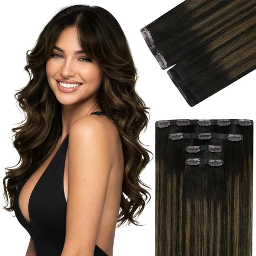 Vista 15 de Ve Sunny Extensiones de cabello clip-in de cabello humano real con reflejos, extensiones de cabello con clip para cabello corto, marrón oscuro