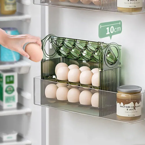 Vista 4 de DABATO Caja de almacenamiento para refrigerador de huevos, verde, de 3 capas, con giro automático, diseño vertical, 11 x 7 x 5.5 pulgadas