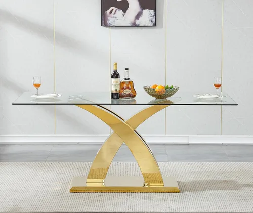 Vista 11 de Mesa de comedor de vidrio de 70 pulgadas para 4-8 personas, parte superior de vidrio templado y base de acero inoxidable en U dorada, escritorio