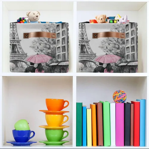Vista 7 de Cesta de almacenamiento de torre de París rosa con asas, cestas de almacenamiento plegables para estantes, sala de estar, decoración del hogar, 1