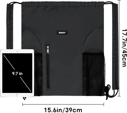 Vista 7 de WANDF Mochila con cordón y almohadilla para el hombro, mochila deportiva para gimnasio con bolsillo de malla para mujeres y hombres, Negro -, Classic