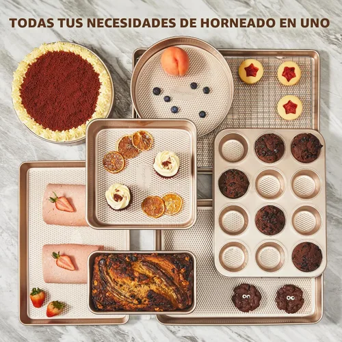 Vista 4 de HONGBAKE Juego de 9 moldes para hornear antiadherentes, apilables no tóxicos con textura de diamante, juego de bandejas para horno para cocinar