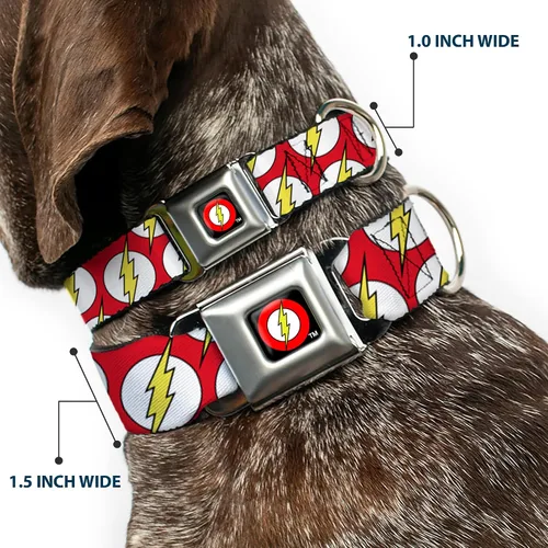 Vista 2 de Buckle-Down Collar de perro hebilla de cinturón de seguridad Flash Logo disperso rojo blanco amarillo 9 a 15 pulgadas 1.0 pulgadas de ancho