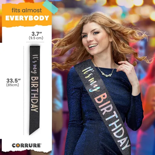 Vista 5 de CORRURE Banda con purpurina «It's My Birthday» con lámina multicolor – Banda de feliz cumpleaños con purpurina negra para mujeres – Suministros