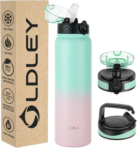 Vista 42 de Botella de agua aislada Oldley de 12 oz con pajita, botella de agua de acero inoxidable con 2 tapas, botellas de doble pared con vacío para adultos