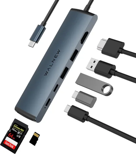 Vista 10 de WALNEW Hub USB-C 7 en 1 con HDMI 4K, 100 W PD, puerto de datos de 5 Gbps (1 tipo C y 2 USB 3.0), lector SD/TF, adaptador multipuerto Thunderbolt 4