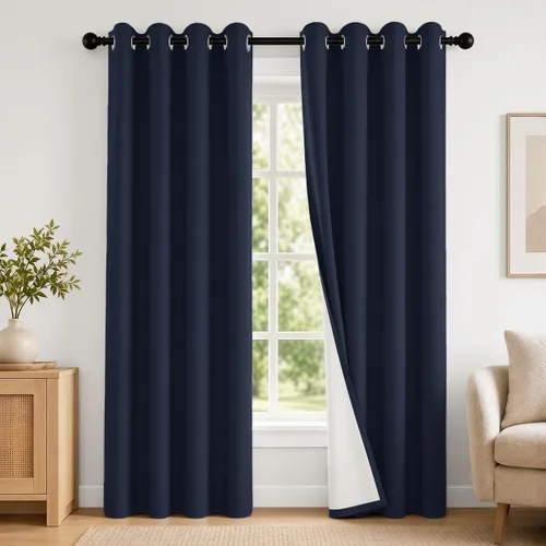 Vista 10 de 2 paneles de cortinas 100% opacas, de peso medio, con aislamiento térmico y ojales para dormitorio, sala de estar, tratamiento de ventana