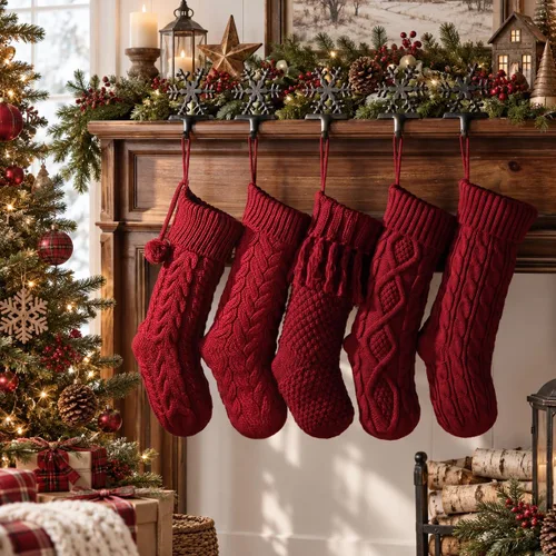 Vista 5 de Medias de Navidad de 18 pulgadas, 5 medias de punto trenzado color burdeos surtido con lazo de cinta de terciopelo, hilo rústico de granja de Borgoña