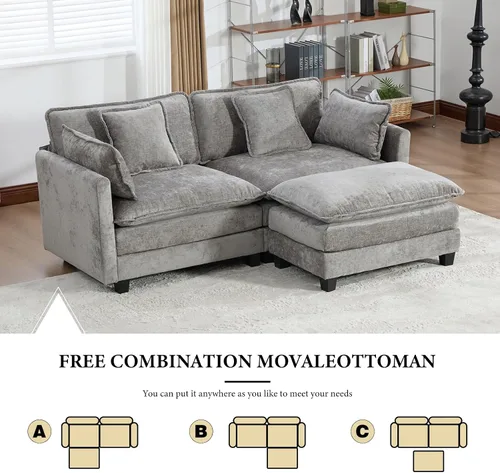 Vista 167 de Sofá seccional modular verde de 111.5", sofás seccionales grandes de 3 plazas para sala de estar, sofá nube oversized de tela chenille con otomana