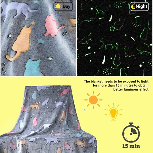 Vista 3 de El mejor regalo que brilla en la oscuridad, lindas mantas de gato con bolsa de almacenamiento, manta para niños, mantas suaves para niñas y niños