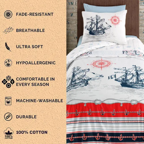 Vista 2 de Juego de ropa de cama 100% algodón Callis, juego de 3 fundas de edredón ligeras con cremallera y dos fundas de almohada (barco, individual)