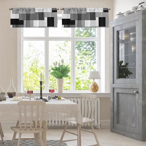 Vista 2 de Emvency Paquete de 2 cenefas para ventana, diseño geométrico gris y negro, cortinas de arte moderno abstracto, cortinas ajustables para ventanas