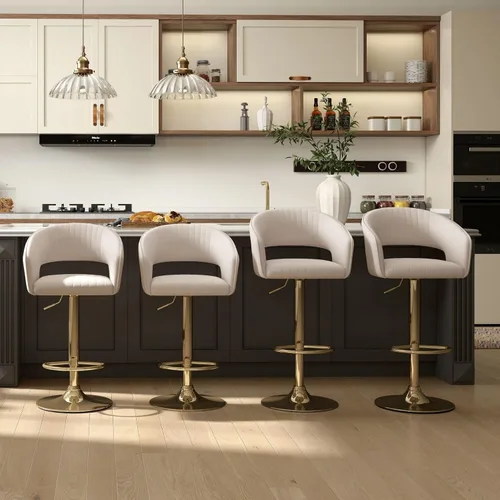 Vista 7 de Hyfirm Juego de 2 modernas sillas de bar de cocina con base cromada dorada, taburetes de bar giratorios ajustables con respaldo y reposapiés