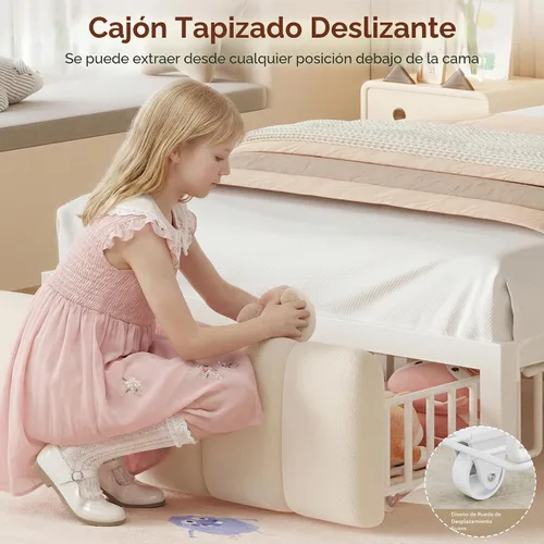 Vista 6 de Jocoevol Base de cama individual con cabecera de almacenamiento para niños, marco de cama tapizado blanco tamaño individual con cajones de Beige