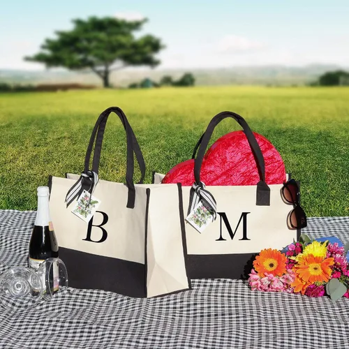 Vista 3 de Personalized Gift Monogram Initial 100% Cotton Two Tone Chic Tote Bag with Customize Option - Black