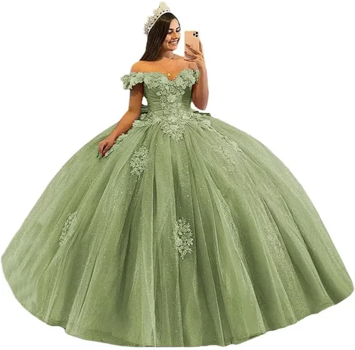 Vista 5 de Youjiayi Vestidos de quinceañera con hombros descubiertos, vestido de baile floral 3D Sweet 15 16, vestidos hinchados de graduación con tren YJY77