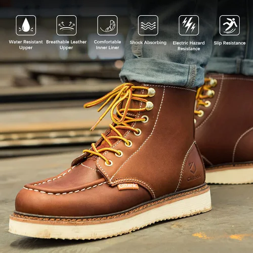 Vista 5 de Men's 6" Soft Toe Work Boots Full Grain Leather Moc Toe Waterproof Wedge Sole Comfortable Construction Boots