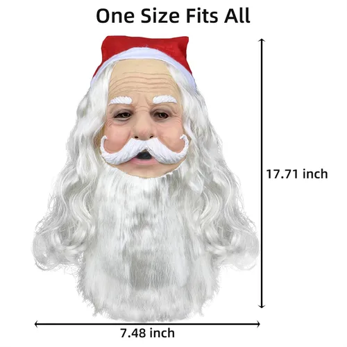 Vista 2 de Máscara de Papá Noel realista de látex con barba y sombrero rojo para adultos y niños, disfraz de cosplay de Navidad, talla única