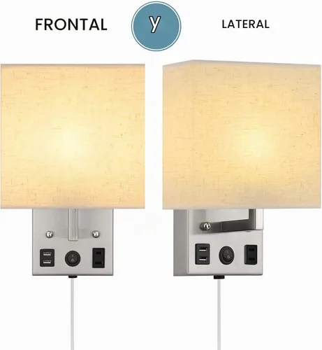 Vista 4 de Juego de dos apliques de pared negros, luces de pared de noche para dormitorio, aplique de pared enchufable con puertos USB y tomas, lámpara