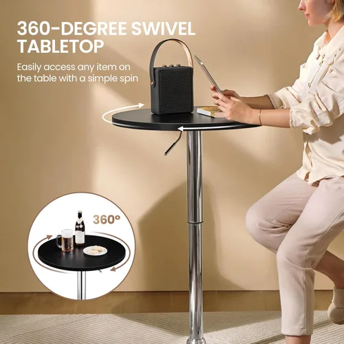 Vista 5 de Yaheetech Mesa de bar redonda, altura ajustable y mesas giratorias de 360°, mesa de cóctel con parte superior de MDF, base de patas plateada