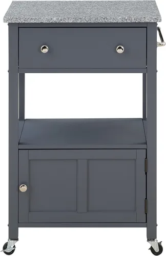 Vista 2 de OSP Home Furnishings Fairfax Farmhouse - Carrito de cocina con parte superior de granito, armario de almacenamiento rodante con toallero, estante