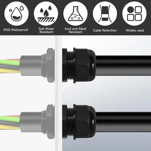 Vista 4 de Prensaestopas de cable 72 unids glándula de cable a prueba de agua, conectores de cable impermeables negros ajustables de 0.118-0.945 in PG7 1/4