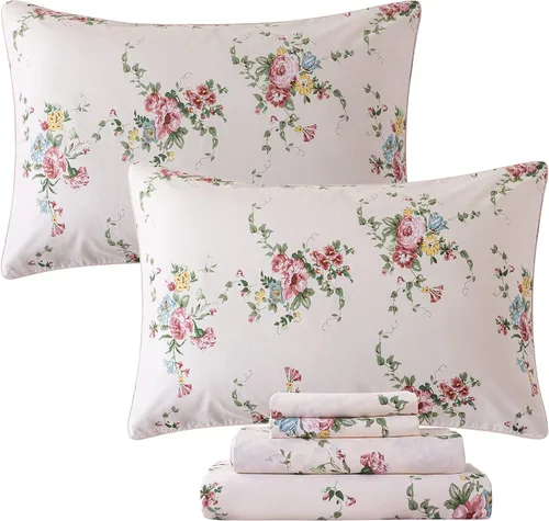Vista 2 de FADFAY Juego de sábanas con diseño floral de rosas rosas dulces, tamaño King, romántico, de algodón súper suave con bolsillo profundo, 4 piezas