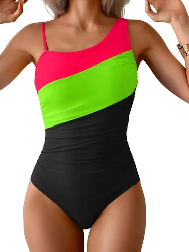 Vista 10 de Aidonger Traje de baño de una pieza con un hombro para mujer, traje de baño de bloque