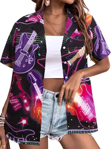 Vista 2 de Camisas hawaianas para mujer, camisa vintage de los años 80 y 90, camisa de discoteca de neón, camisa de fiesta divertida de música country