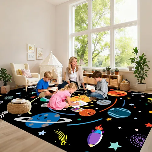 Vista 30 de Alfombra espacial para habitación de niños, alfombra de galaxia para niños, alfombras espaciales para dormitorio de niños, decoración