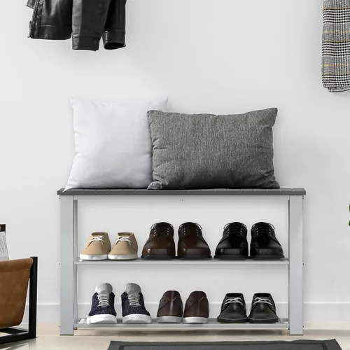 Vista 2 de Simple Houseware Banco de almacenamiento de zapatos con tapa de madera para entrada, gris