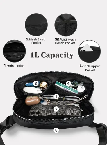 Vista 3 de Everywhere - Bolsa de cinturón para mujer, mini bolsa ligera con cintura ajustable, impermeable, cruzada para correr, viajar, senderismo, Negro