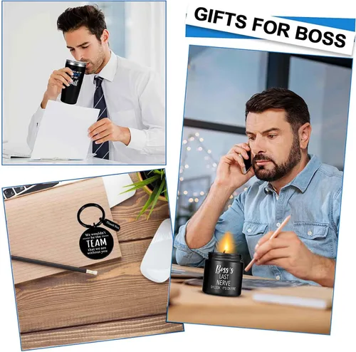 Vista 5 de Regalos NXPOY para jefe, regalo del día del jefe para hombre, Navidad. Acción de Gracias, regalos de cumpleaños para jefes líderes, Vaso+ Llavero+