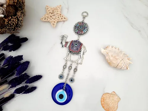 Vista 5 de Abalorio de cristal azul con protección contra el mal de ojo, color camello, cuentas turcas de nazar, adorno colgante de pared de color camel contra