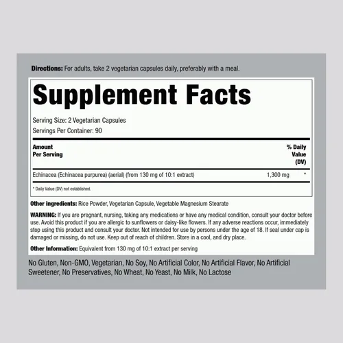 Vista 2 de Piping Rock - Cápsulas de extracto de equinácea 180 unidades Suplemento de hierbas Fórmula vegetariana, sin OMG y sin gluten