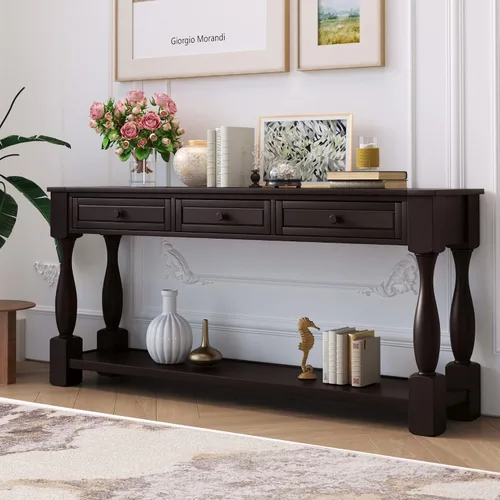 Vista 18 de Quarte Elegante mesa consola con tres cajones de almacenamiento, mesa de sofá extra larga para entrada, pasillo, sala de estar, vestíbulo, pasillo