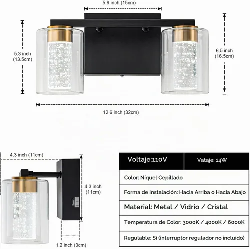 Vista 2 de SineRise - Lámpara de tocador de 2 luces, negra y dorada, con 3 modos de color (3000K/4000K/6000K), lámpara de baño LED con protección ocular