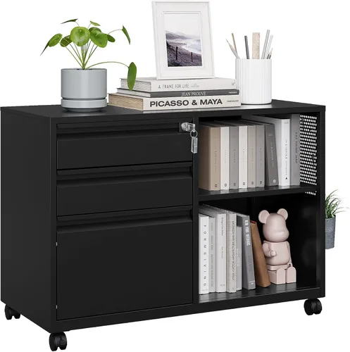 Vista 10 de MIIIKO - Archivador de 3 cajones con cerradura, archivadores verticales de metal negro para oficina en casa, archivadores completamente ensamblados