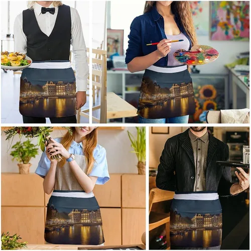 Vista 5 de Amsterdam Night View Print Server Aprons with 3 Pockets, Cute Waist Apron, Waterproof Half Apron for Cooking, Painting, Kitchen Baking, Service