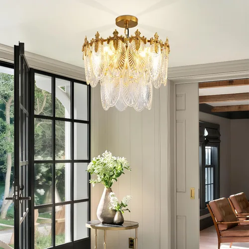 Vista 7 de Antique Chandeliers 2-Layer Gold Crystal Glass Chandelier, 4-Light Round Pendant Light 17.7" Brushed Brass Adjustable Height, Applicable to Dining