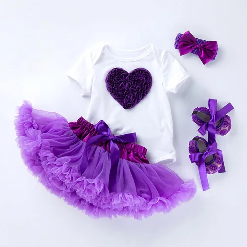 Vista 7 de Newborn Infant Baby Girls Heart Embroidery Short Sleeve Romper Bodysuit Tutu Tulle Skirt Headband Cute New Born