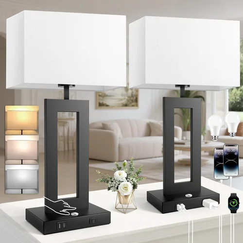 Vista 12 de Kondras Juego de 2 lámparas de mesa para dormitorios, 3 temperaturas de color, control táctil, lámparas de noche con 2 puertos USB y salida de CA